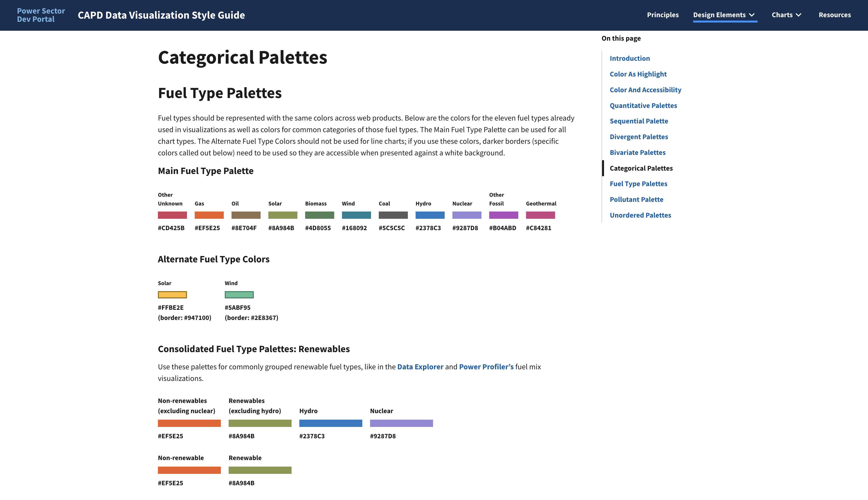 a screenshot showing the DVSG's Color page, specifically showing a variety of categorical palettes for fuel types