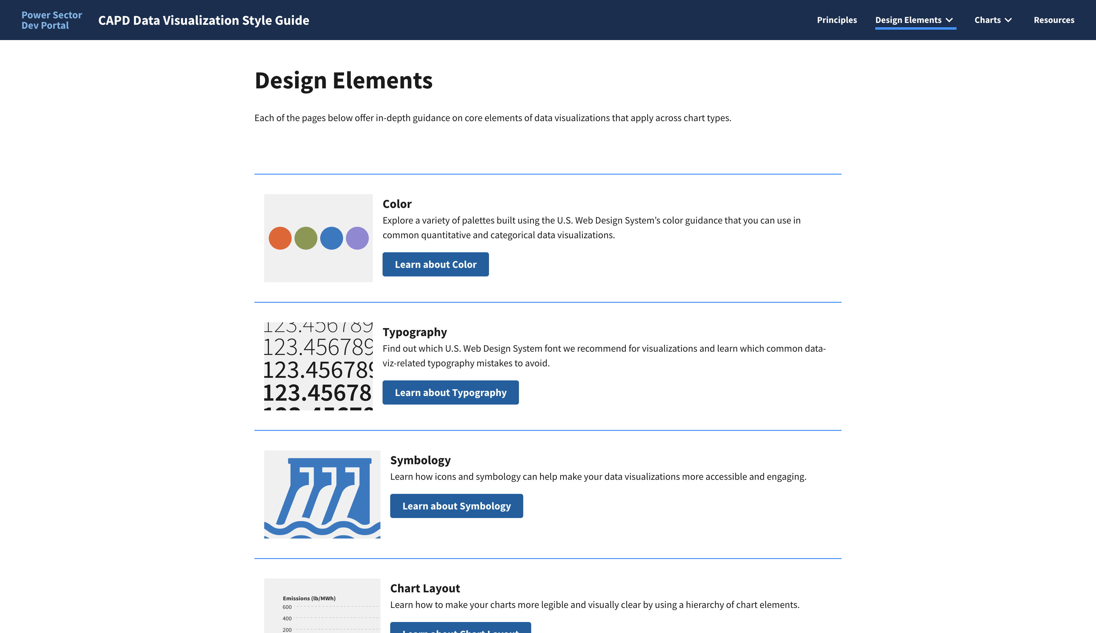 a screenshot showing the DVSG site's Design Elements page, showing options to learn about color, typography, symbology, and chart layout